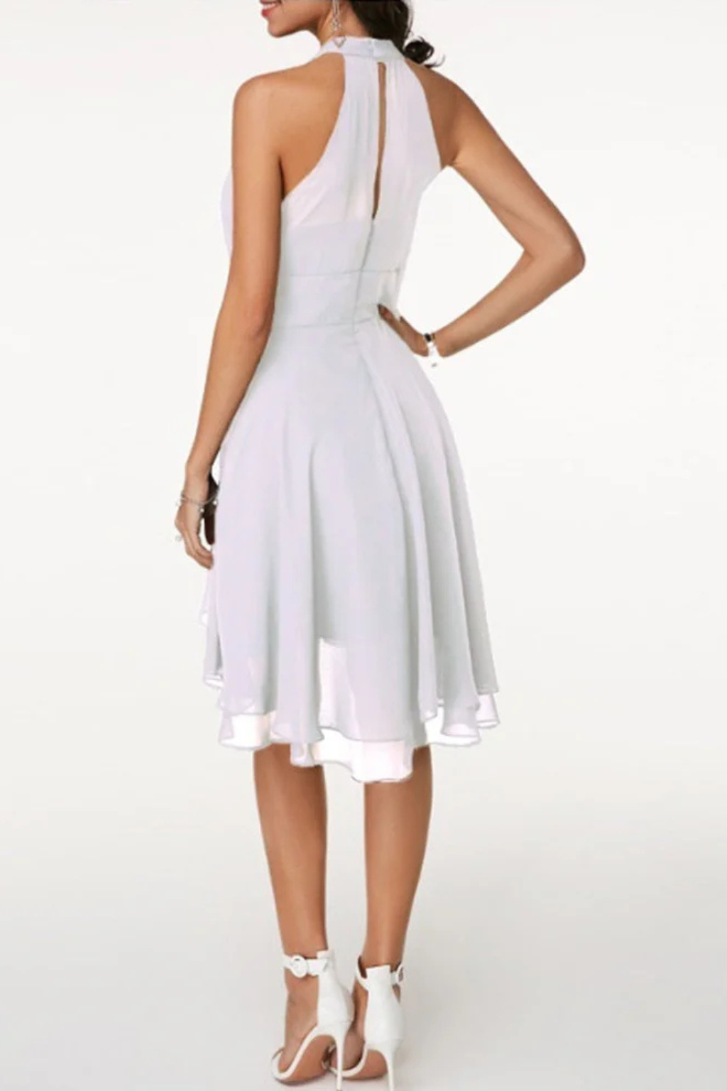 Women's High Neck Mini Skater Dress - Ruched Bodice and Layered Skirt Detail