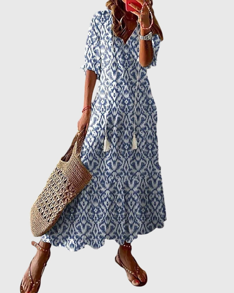 Women's Ikat Print Midi Dress - V-Neck and Tassel Tie Detail