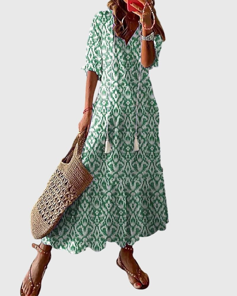 Women's Ikat Print Midi Dress - V-Neck and Tassel Tie Detail