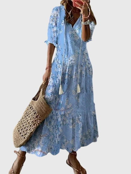 Women's Ikat Print Midi Dress - V-Neck and Tassel Tie Detail