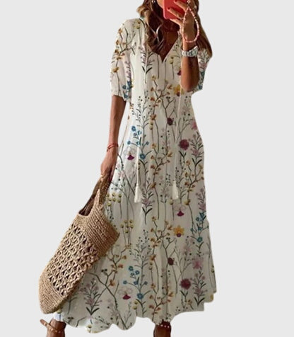 Women's Ikat Print Midi Dress - V-Neck and Tassel Tie Detail