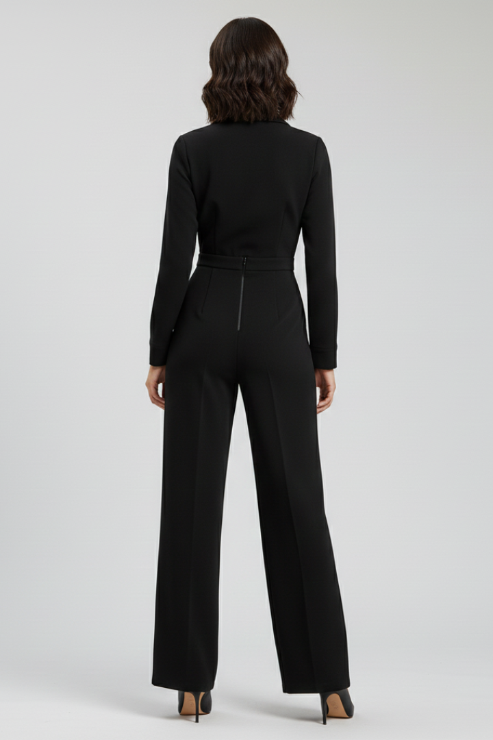 Women's Jumpsuit - Collared V-Neckline and Long Sleeve Wide Leg Detail