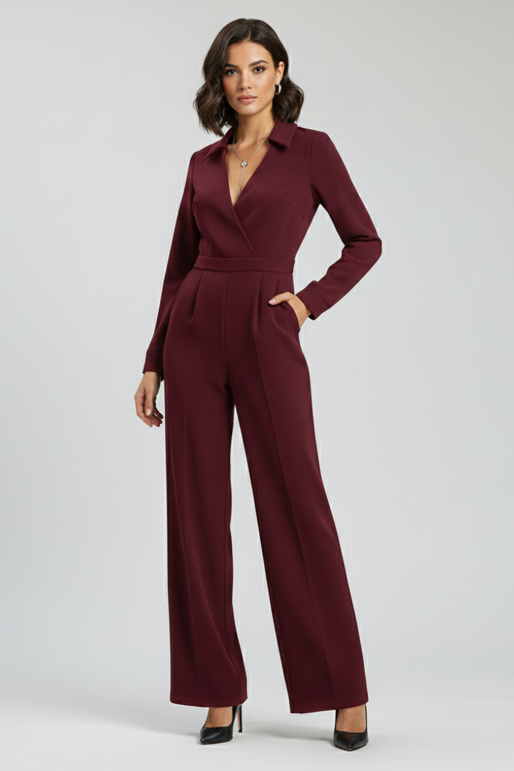 Women's Jumpsuit - Collared V-Neckline and Long Sleeve Wide Leg Detail