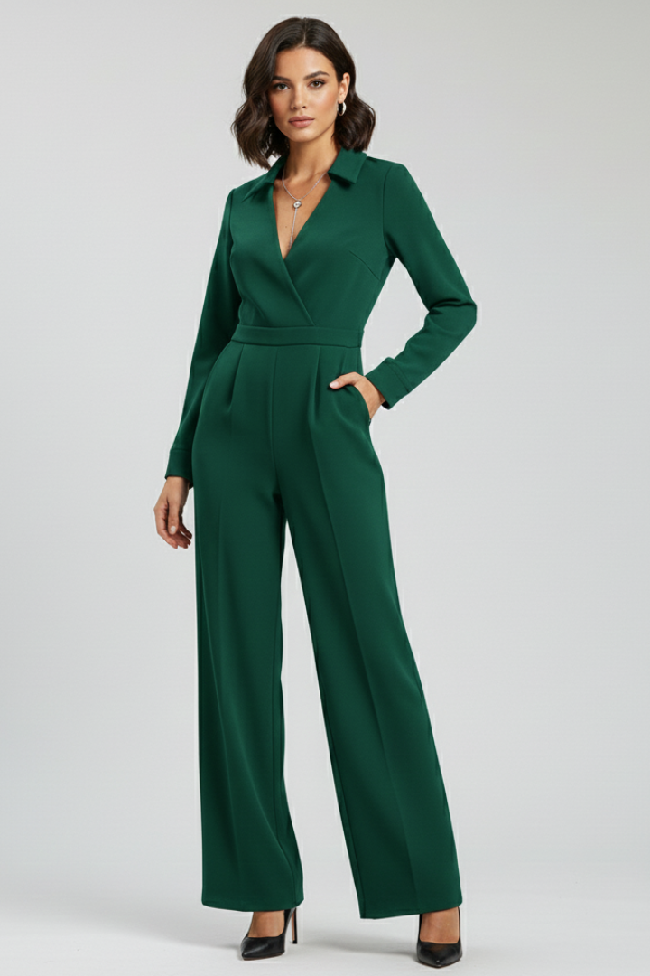 Women's Jumpsuit - Collared V-Neckline and Long Sleeve Wide Leg Detail