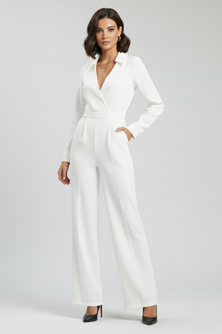 Women's Jumpsuit - Collared V-Neckline and Long Sleeve Wide Leg Detail