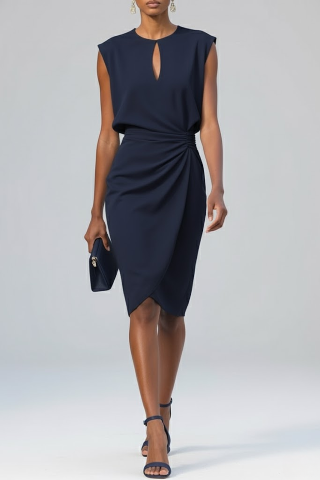 Women's Keyhole Neck Midi Dress - Ruched Waist and Cap Sleeves