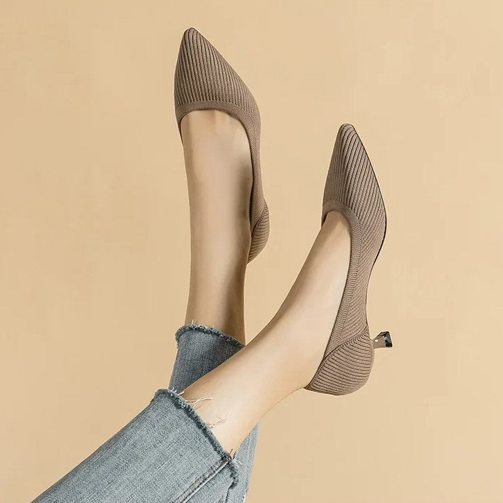 Women's Kitten Heels - Pointed Toe Ribbed Knit and Padded Insole Detail