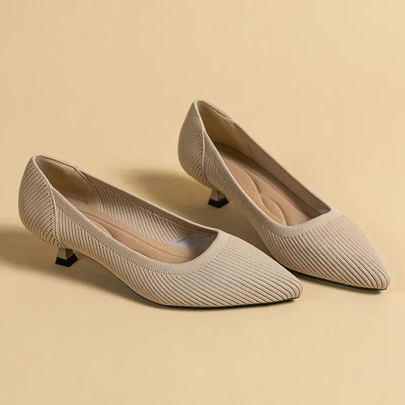 Women's Kitten Heels - Pointed Toe Ribbed Knit and Padded Insole Detail