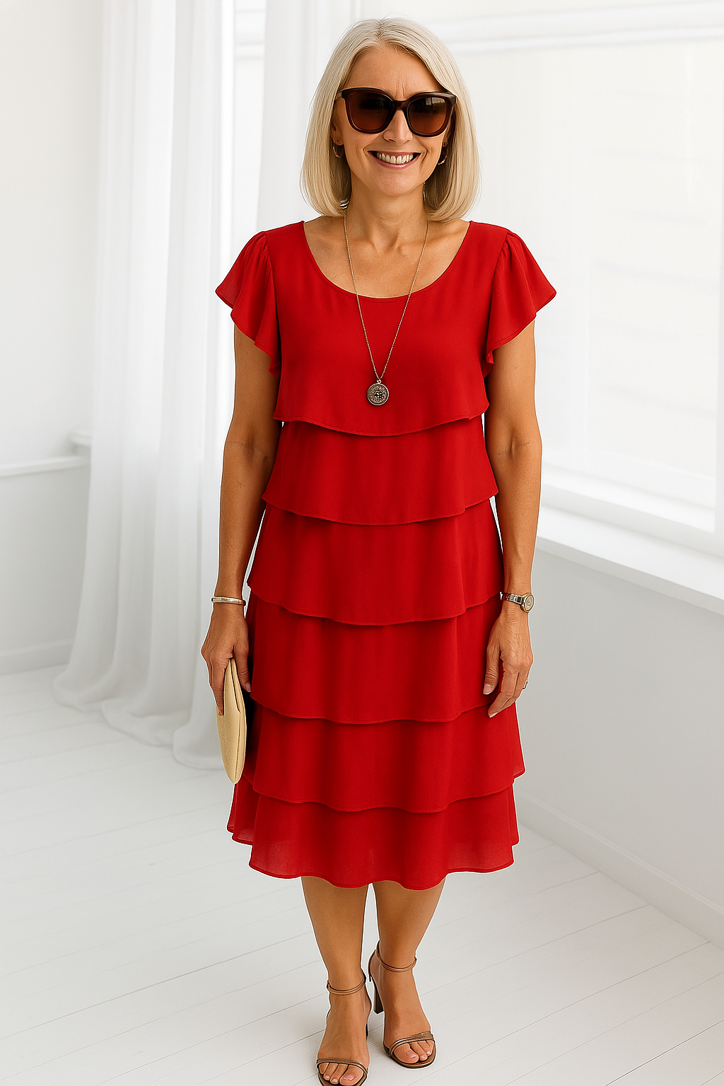 Women's Layered Midi Dress Tiered Short Sleeve Ruffled
