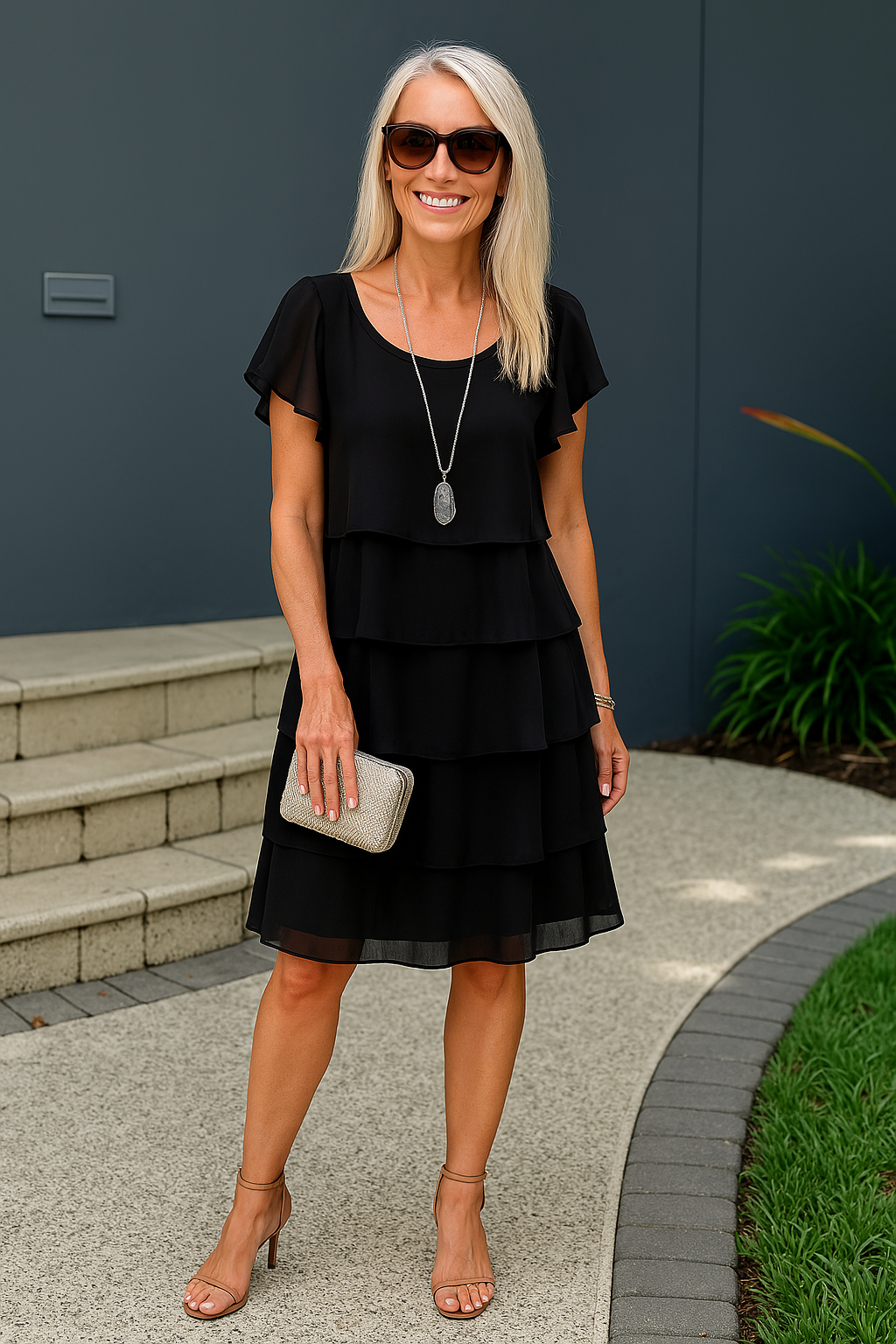 Women's Layered Midi Dress Tiered Short Sleeve Ruffled