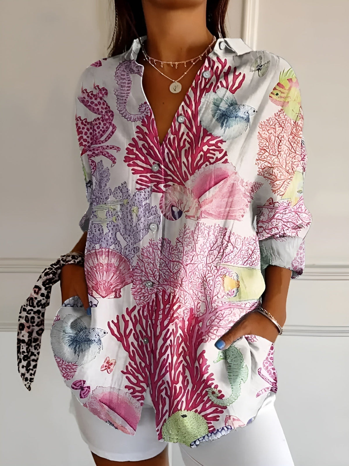 Women's Linen Blouse Floral Button Front Long Sleeve Shirt