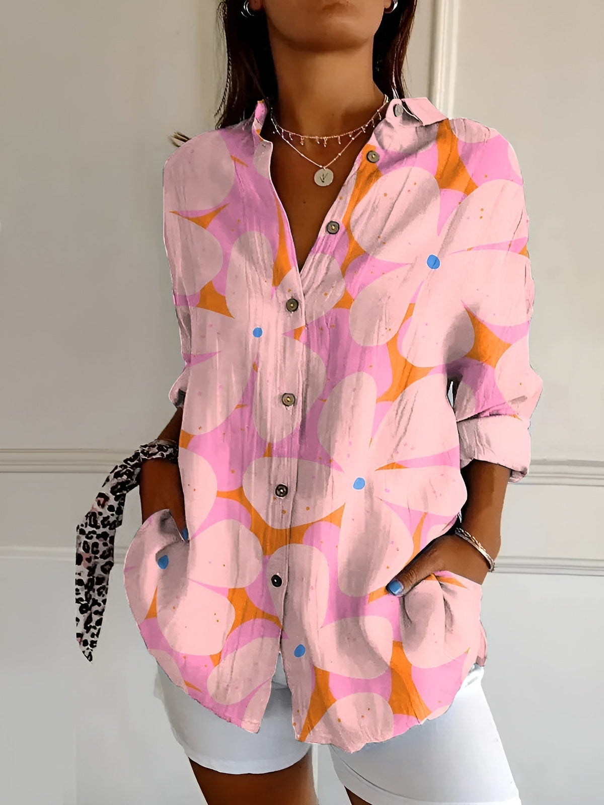 Women's Linen Blouse Floral Button Front Long Sleeve Shirt