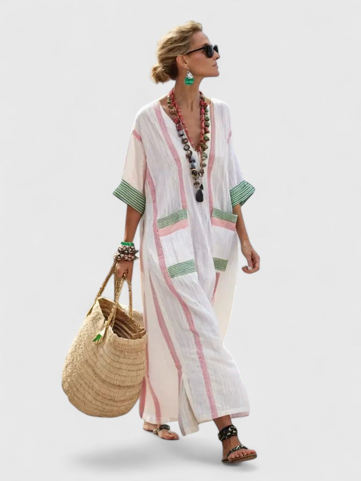 Women's Linen Maxi Dress - Striped Print with V-Neck and Pocket Detail