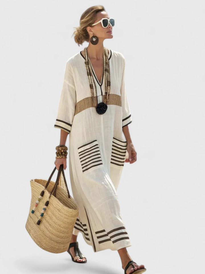 Women's Linen Maxi Dress - Striped Print with V-Neck and Pocket Detail