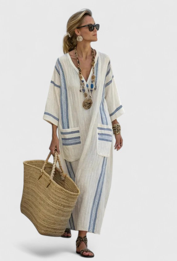 Women's Linen Maxi Dress - Striped Print with V-Neck and Pocket Detail