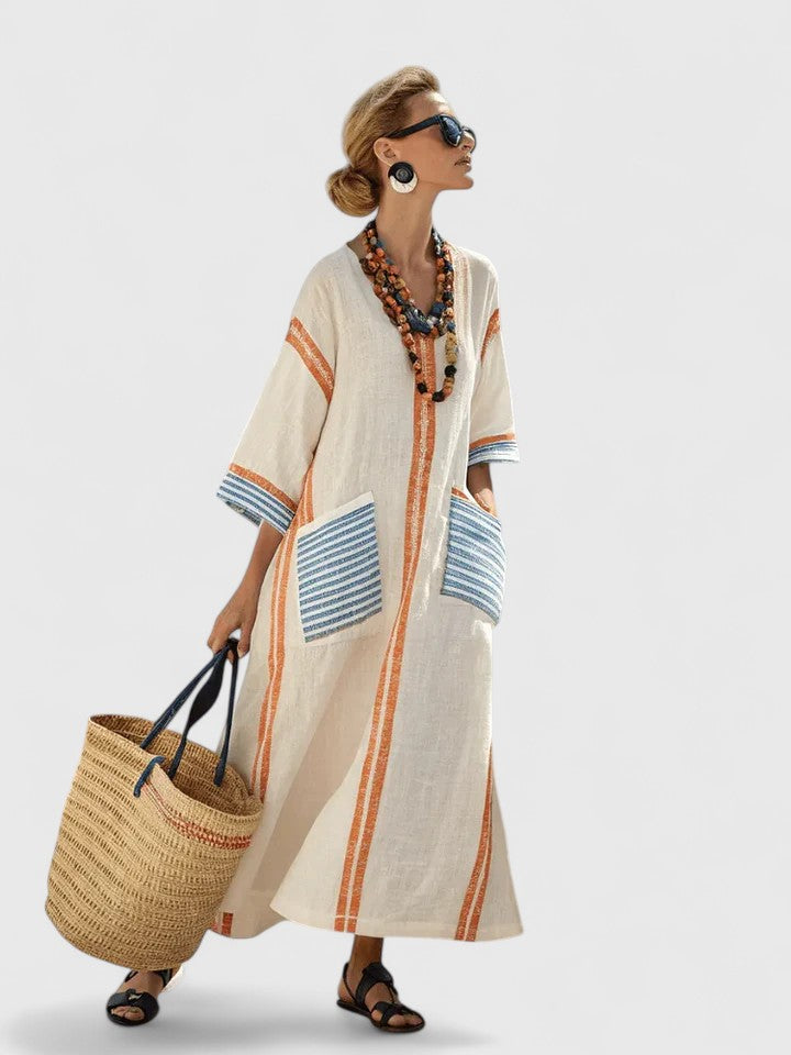 Women's Linen Maxi Dress - Striped Print with V-Neck and Pocket Detail