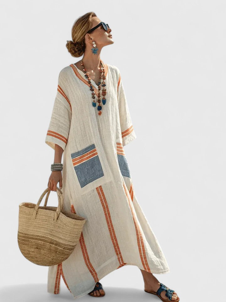 Women's Linen Maxi Dress - Striped Print with V-Neck and Pocket Detail