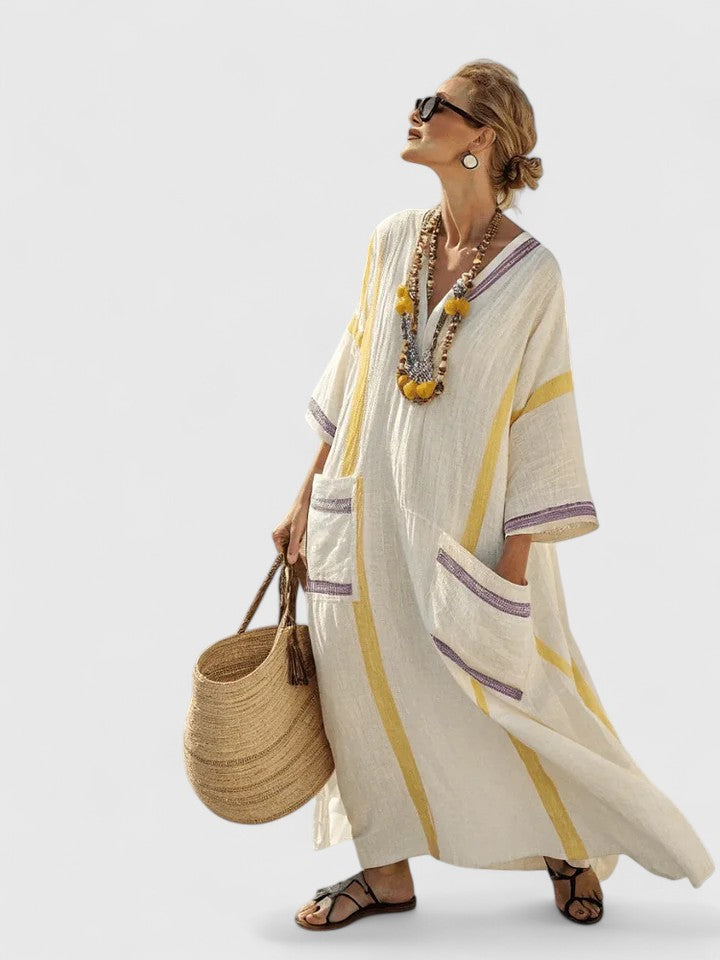 Women's Linen Maxi Dress - Striped Print with V-Neck and Pocket Detail