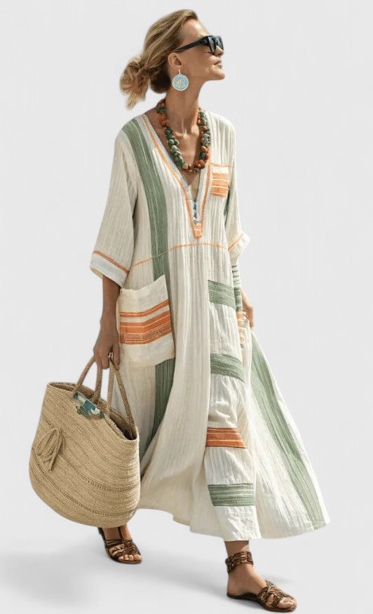 Women's Linen Maxi Dress - Striped Print with V-Neck and Pocket Detail