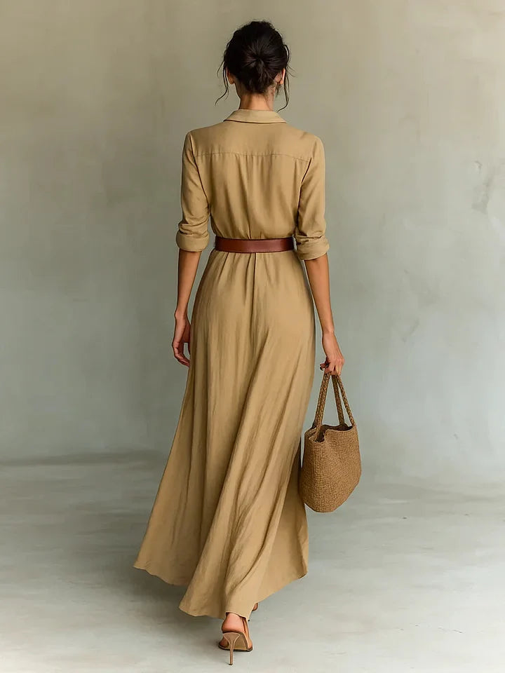 Women Ruched Maxi Shirt Dress Belted Long Sleeve Button Front