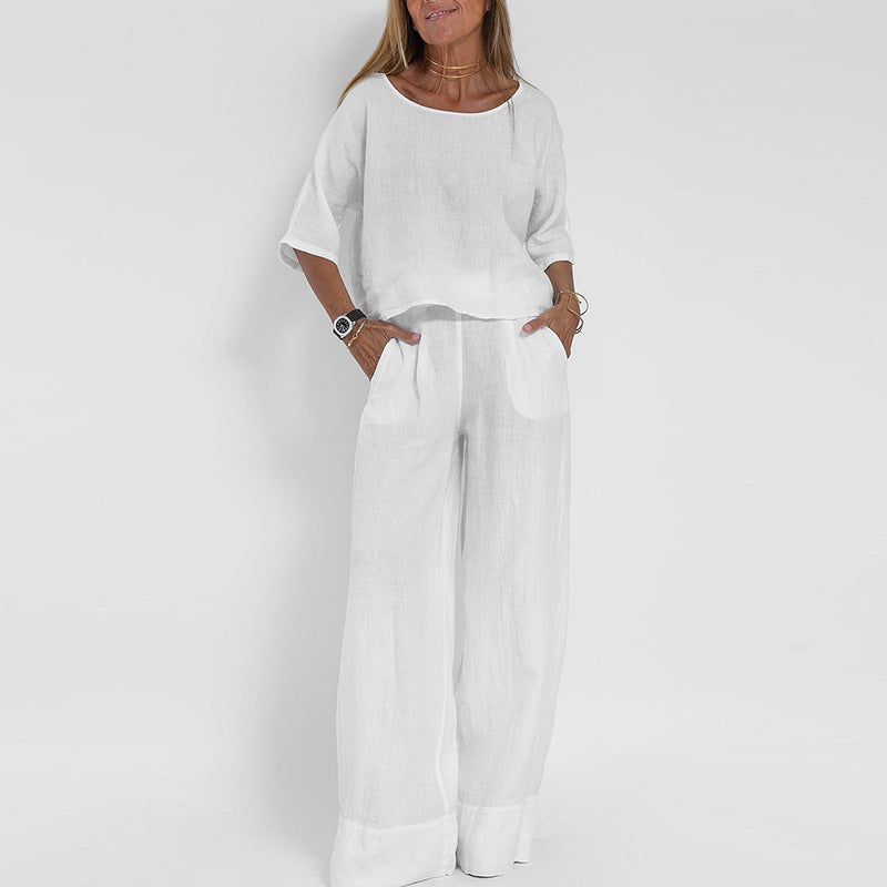 Women's Linen Set Wide Leg Trousers and Short Sleeve Top