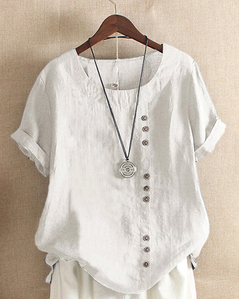 Women's Linen Top Casual Short Sleeve Blouse with Asymmetrical Button Detail