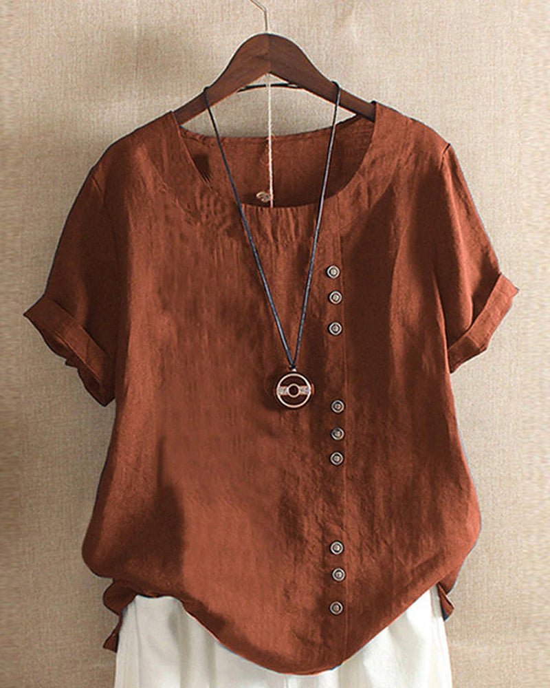Women's Linen Top Casual Short Sleeve Blouse with Asymmetrical Button Detail