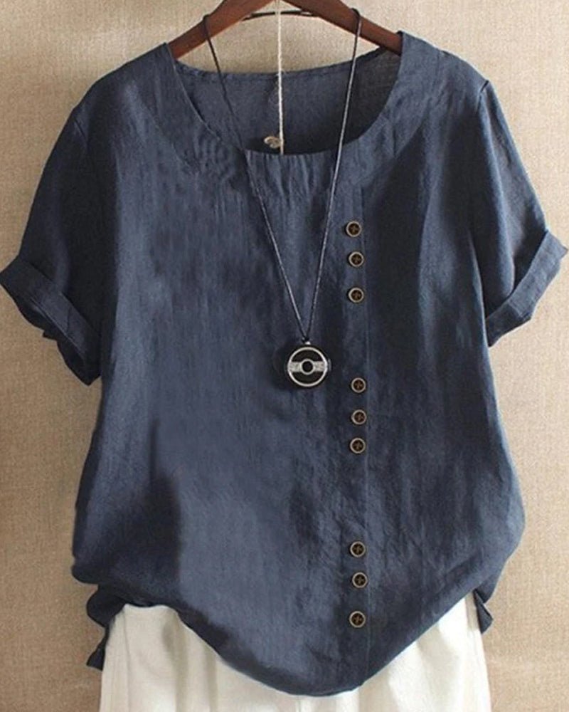 Women's Linen Top Casual Short Sleeve Blouse with Asymmetrical Button Detail