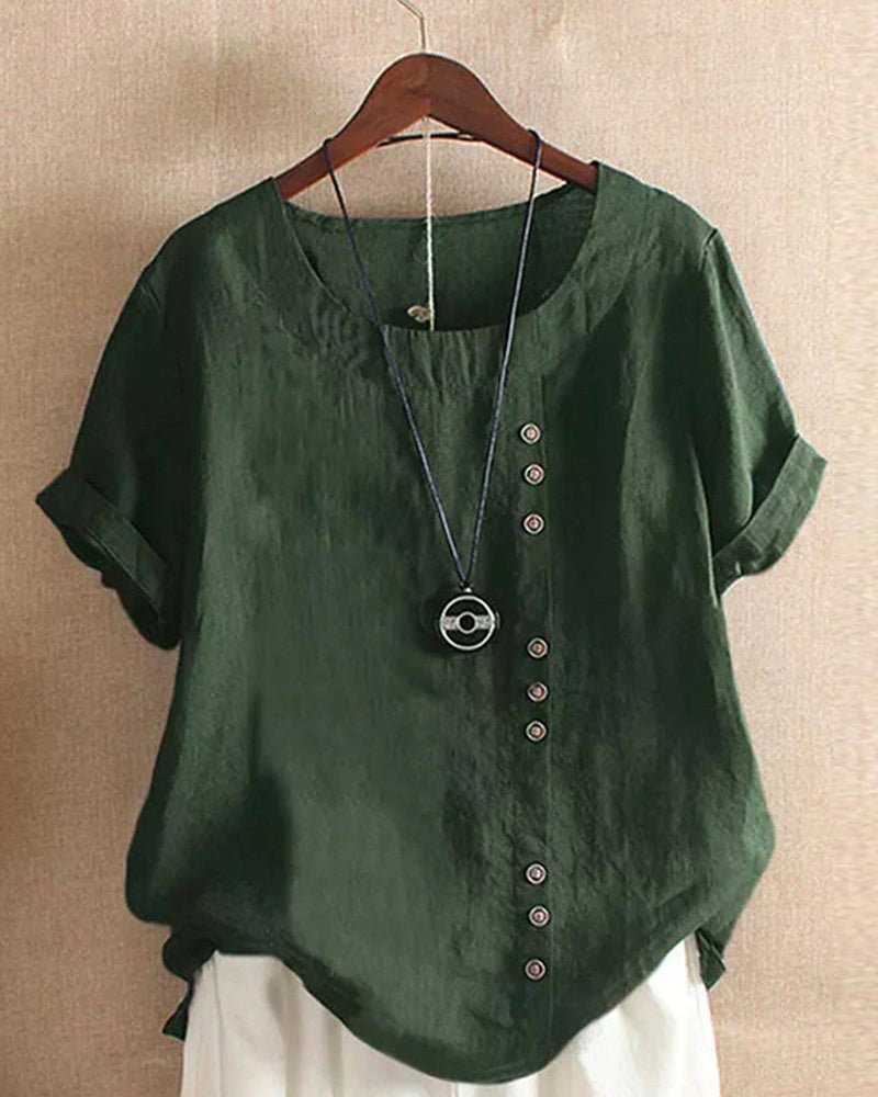 Women's Linen Top Casual Short Sleeve Blouse with Asymmetrical Button Detail