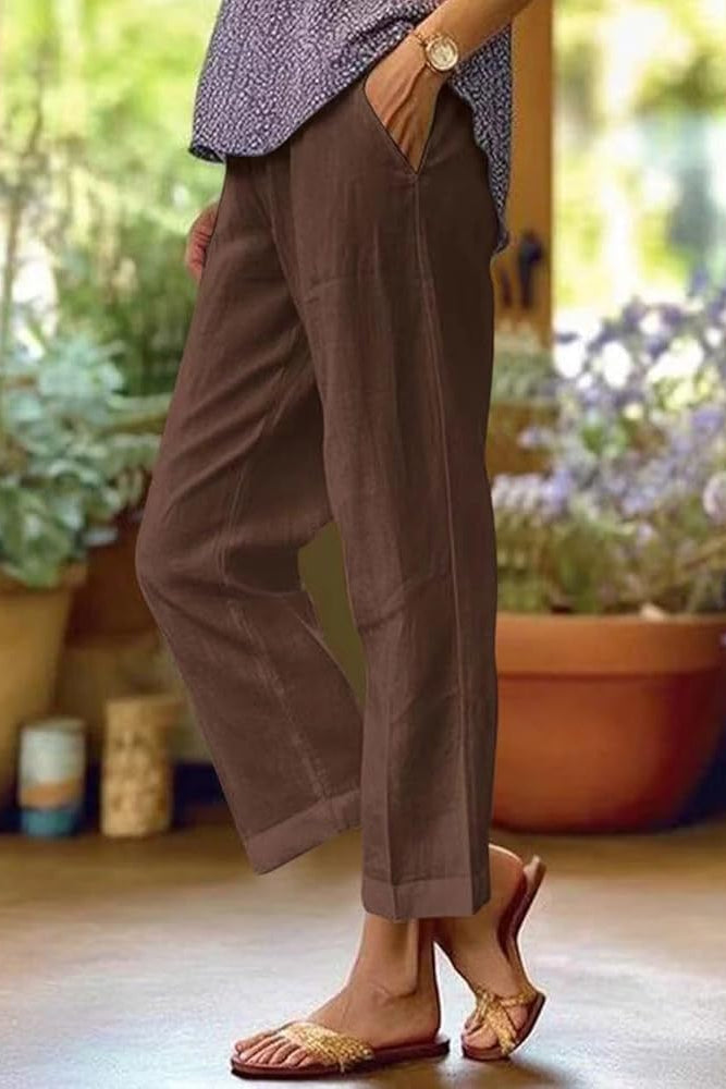 Women's Linen Trousers Crop Straight Leg Turn Up Cuff