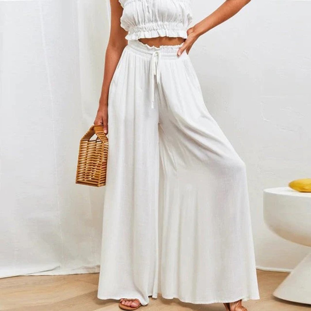 Women's Linen Wide Leg Trousers - High Paperbag Waist with Tie Front and Pockets