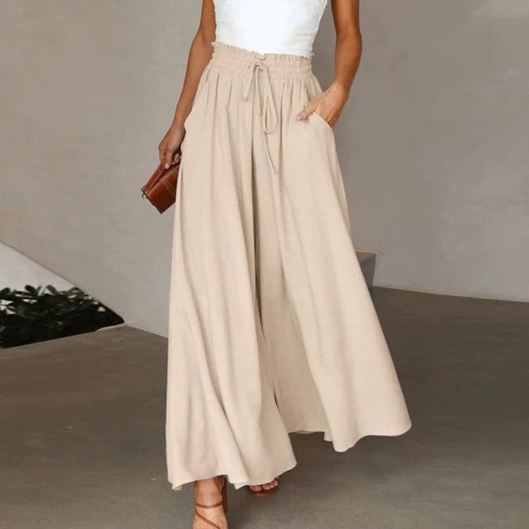 Women's Linen Wide Leg Trousers - High Paperbag Waist with Tie Front and Pockets