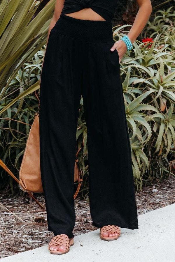 Women's Linen Wide Leg Trousers - High Smocked Waist and Pleated Front