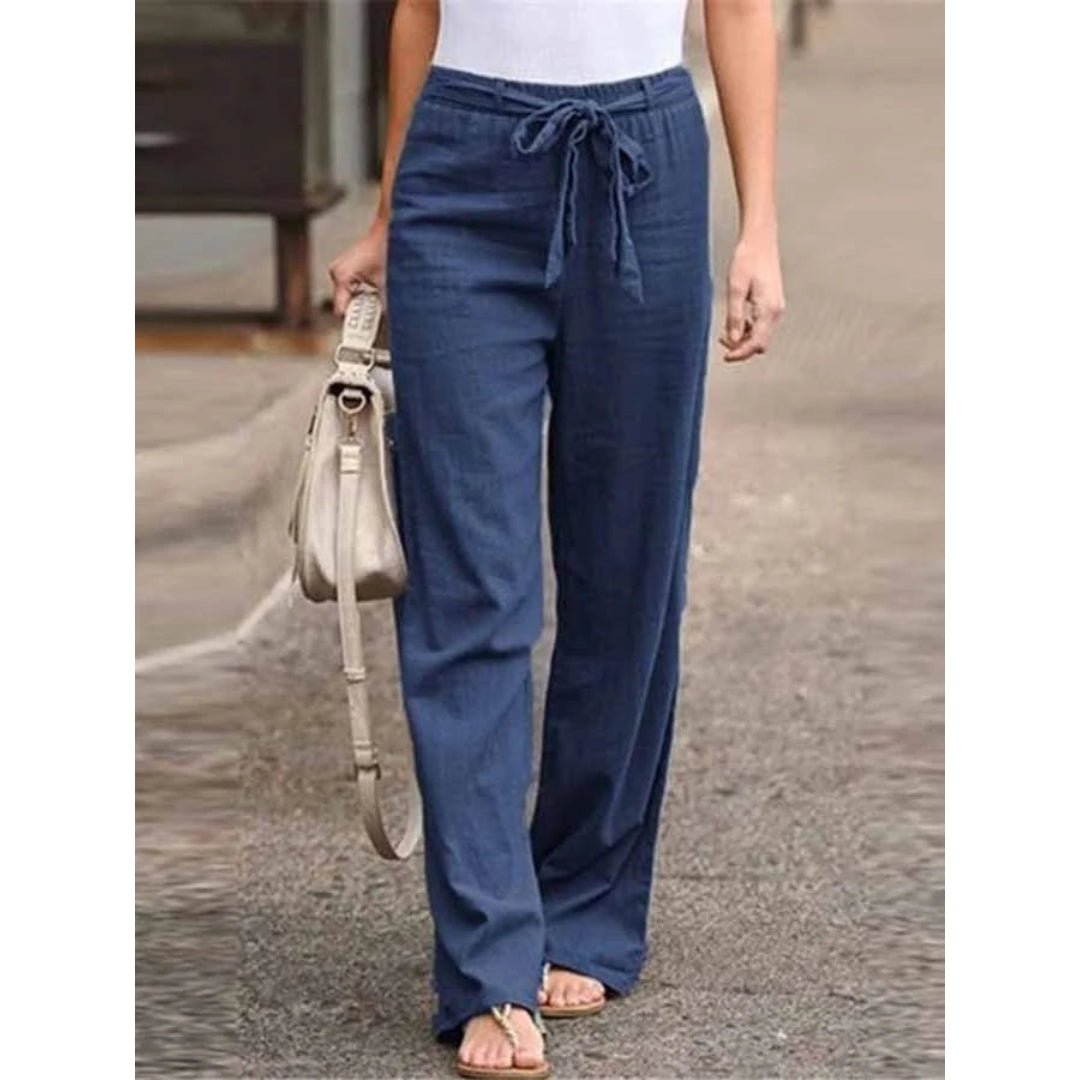 Women's Linen Wide Leg Trousers - High Waist with Tie Front and Elasticated Waistband