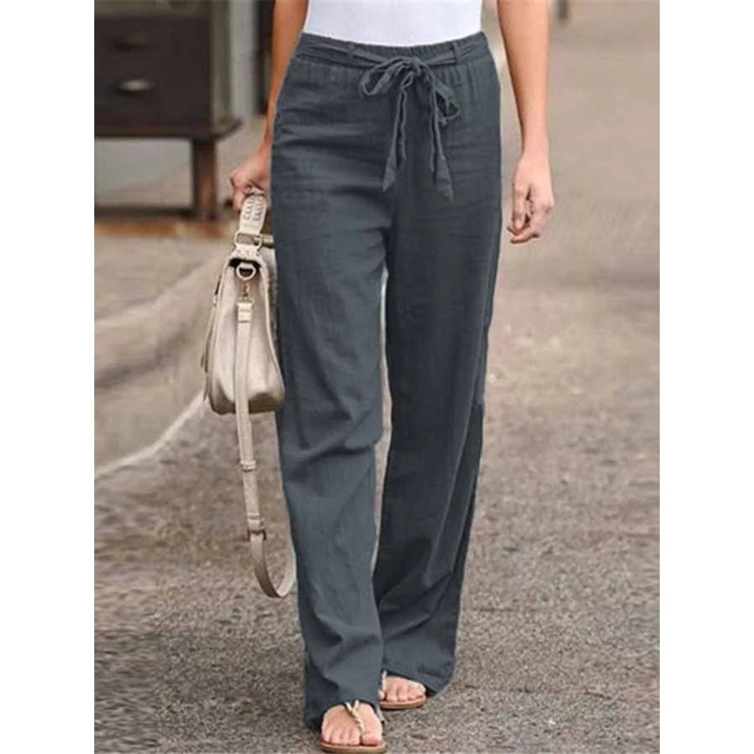 Women's Linen Wide Leg Trousers - High Waist with Tie Front and Elasticated Waistband