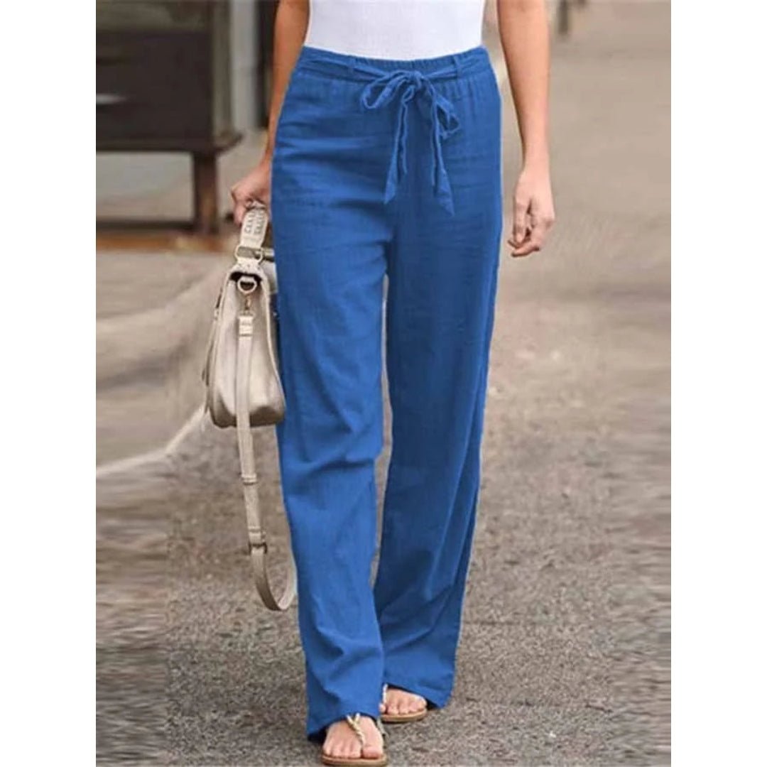 Women's Linen Wide Leg Trousers - High Waist with Tie Front and Elasticated Waistband