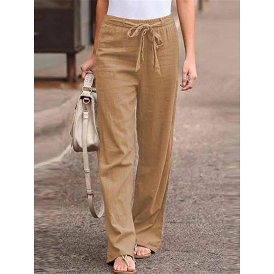 Women's Linen Wide Leg Trousers - High Waist with Tie Front and Elasticated Waistband