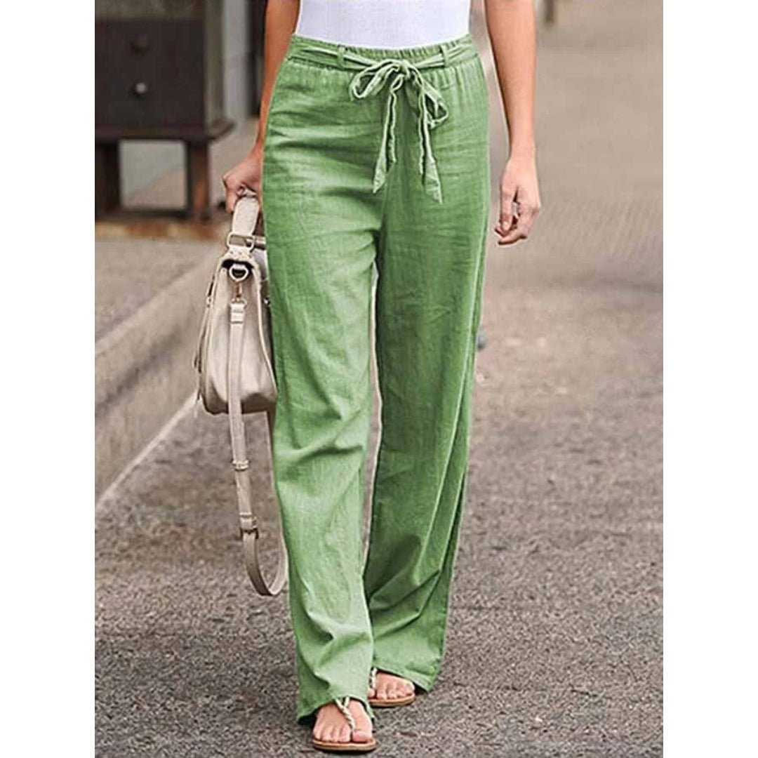 Women's Linen Wide Leg Trousers - High Waist with Tie Front and Elasticated Waistband