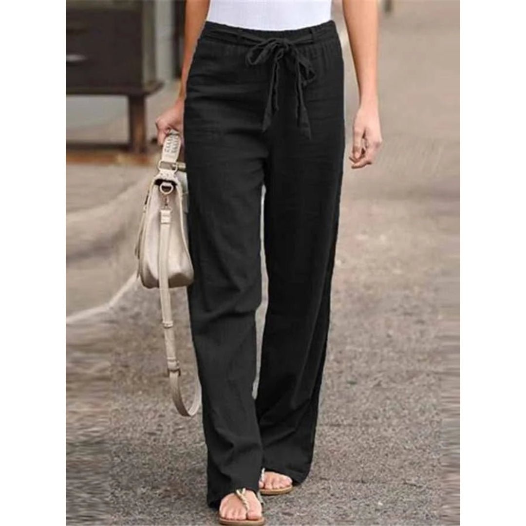 Women's Linen Wide Leg Trousers - High Waist with Tie Front and Elasticated Waistband