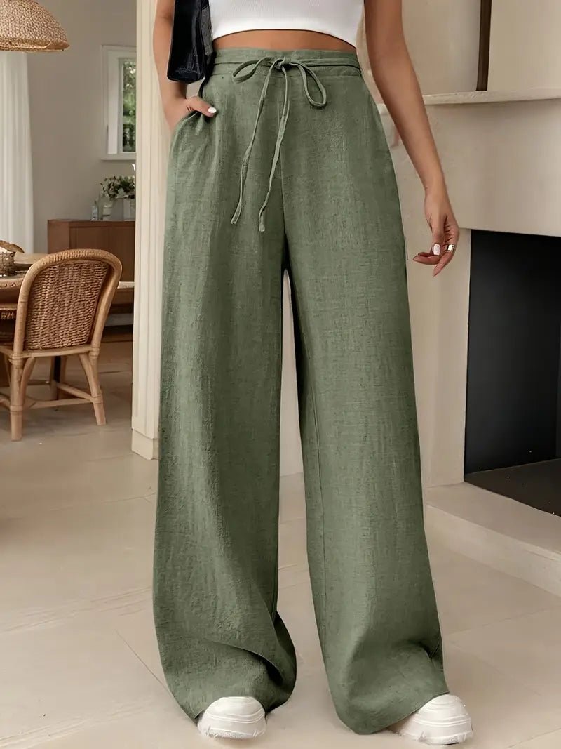 Women's Linen Wide Leg Trousers - High Waist with Tie Front and Side Pockets