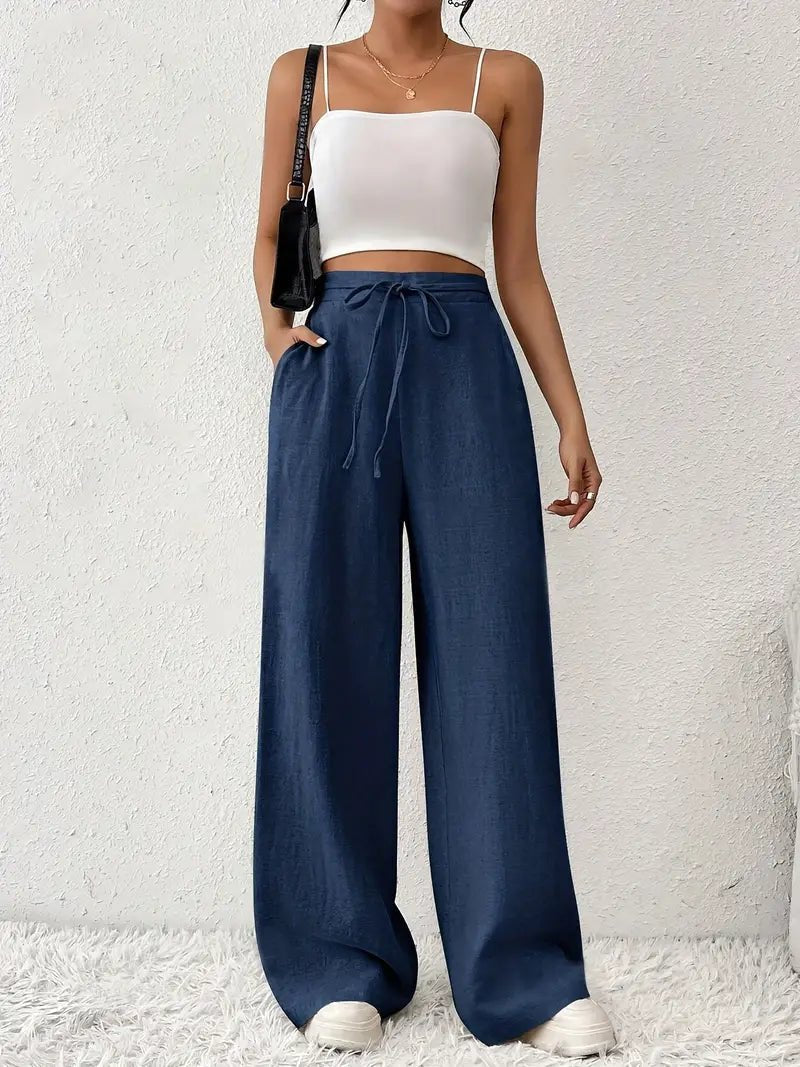 Women's Linen Wide Leg Trousers - High Waist with Tie Front and Side Pockets