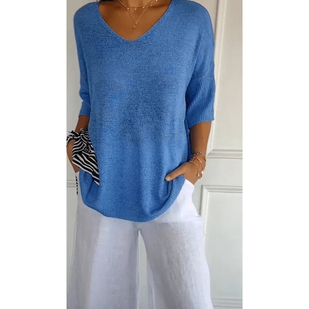 Women's Loose Knit Blouse - V-Neck and Half Sleeves with Textured Finish