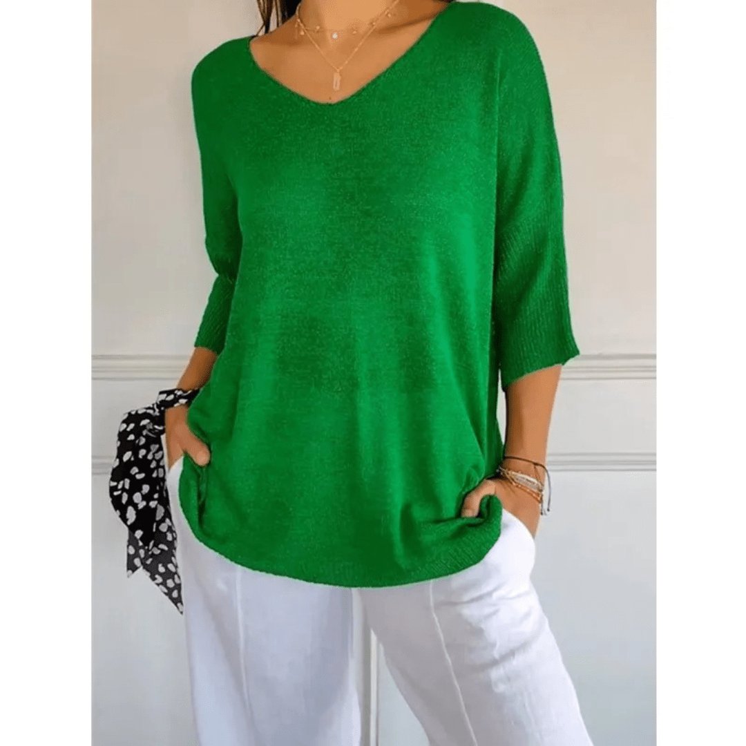 Women's Loose Knit Blouse - V-Neck and Half Sleeves with Textured Finish