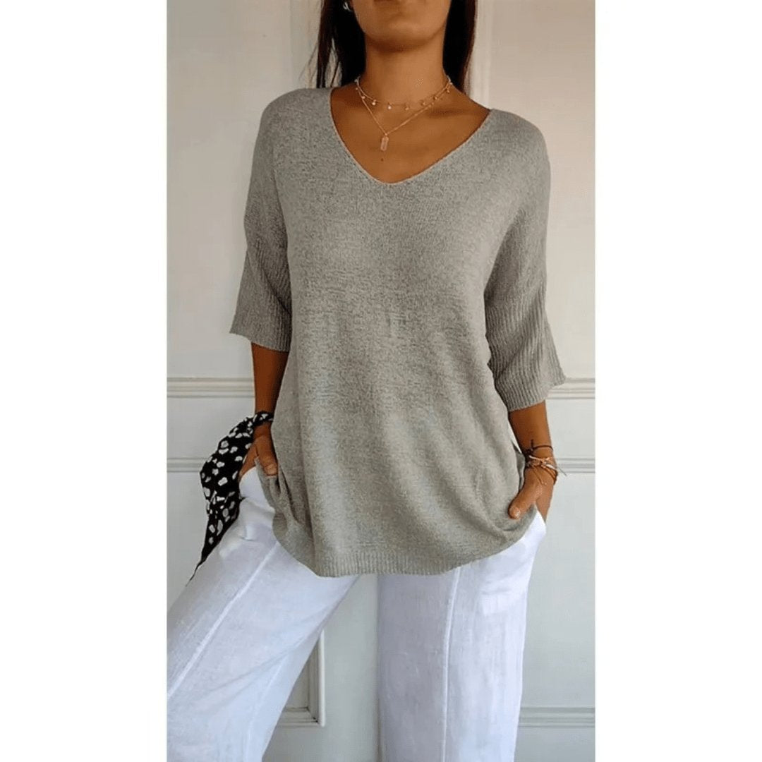 Women's Loose Knit Blouse - V-Neck and Half Sleeves with Textured Finish