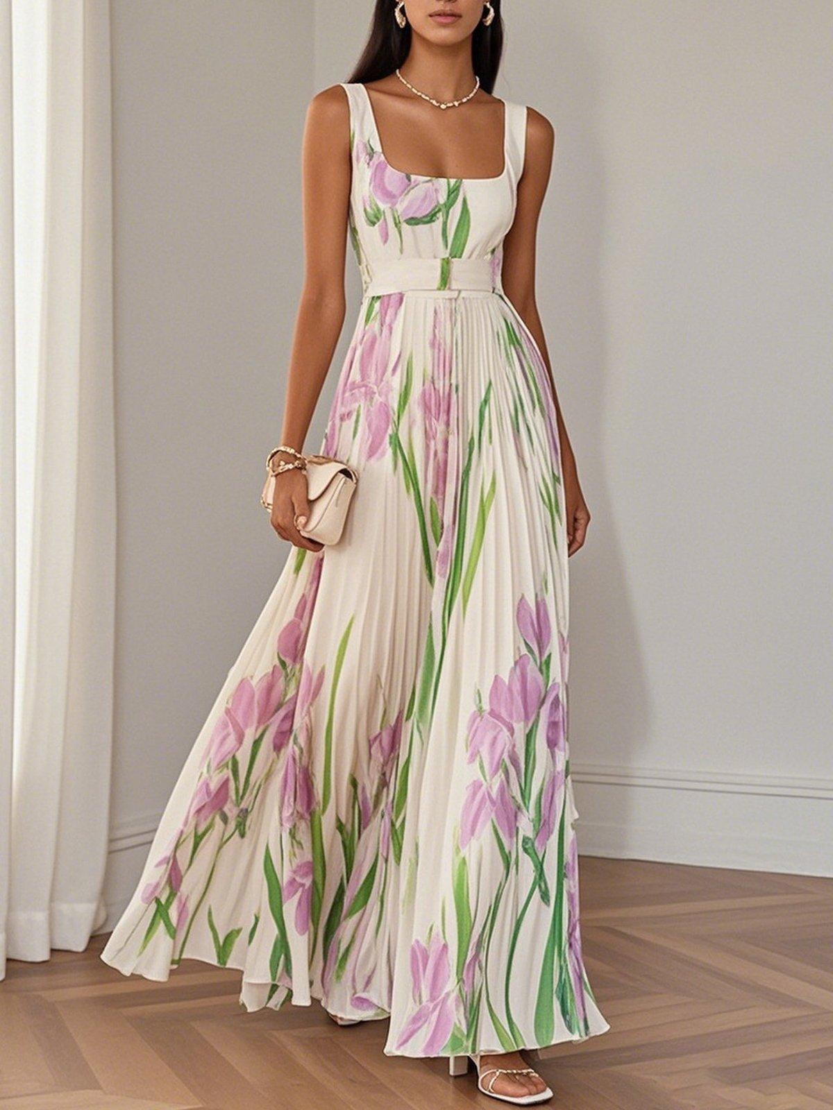 Women's Maxi Dress Square Neck Pleated Floral Gown with Waist Belt