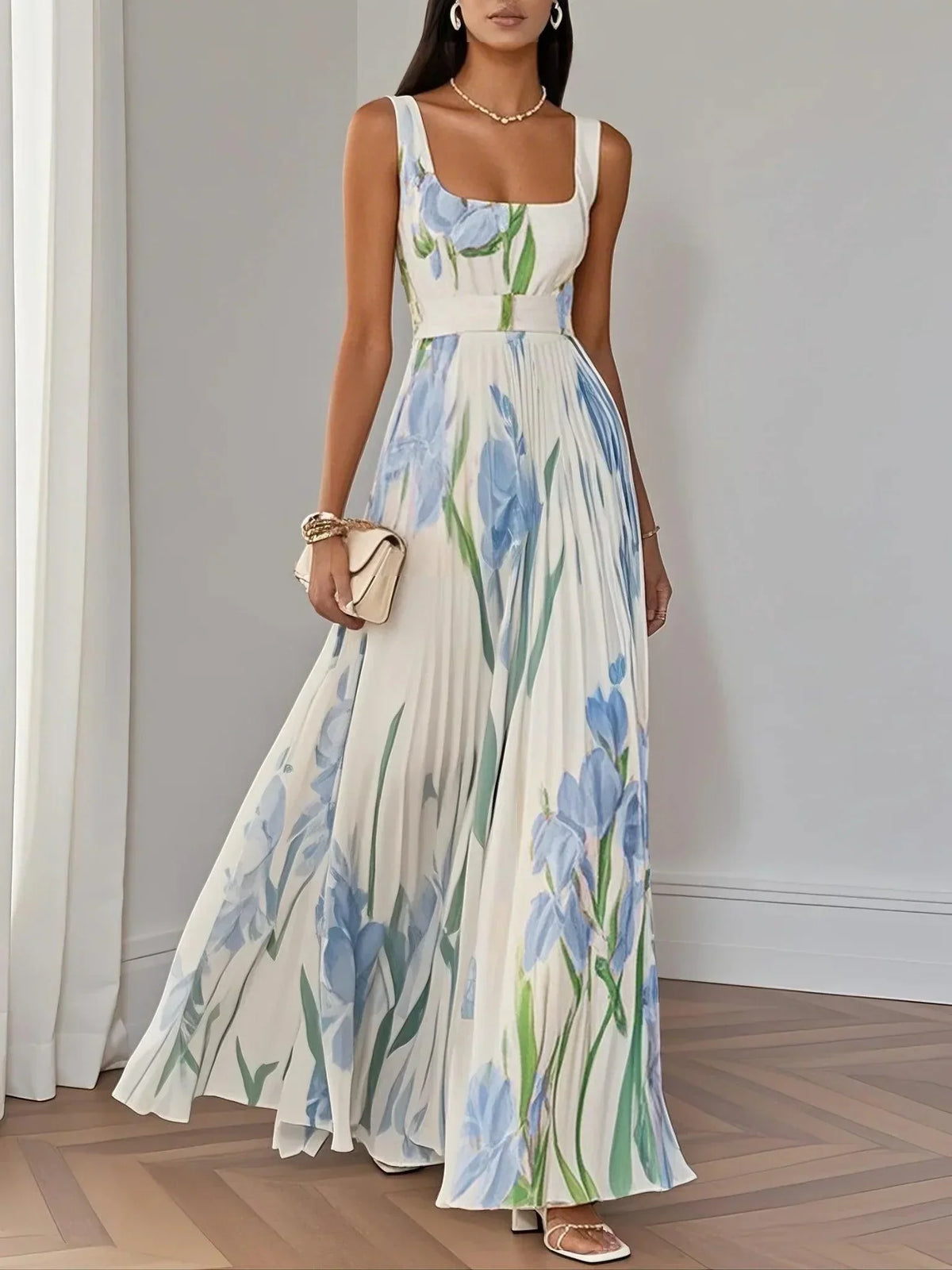 Women's Maxi Dress Square Neck Pleated Floral Gown with Waist Belt