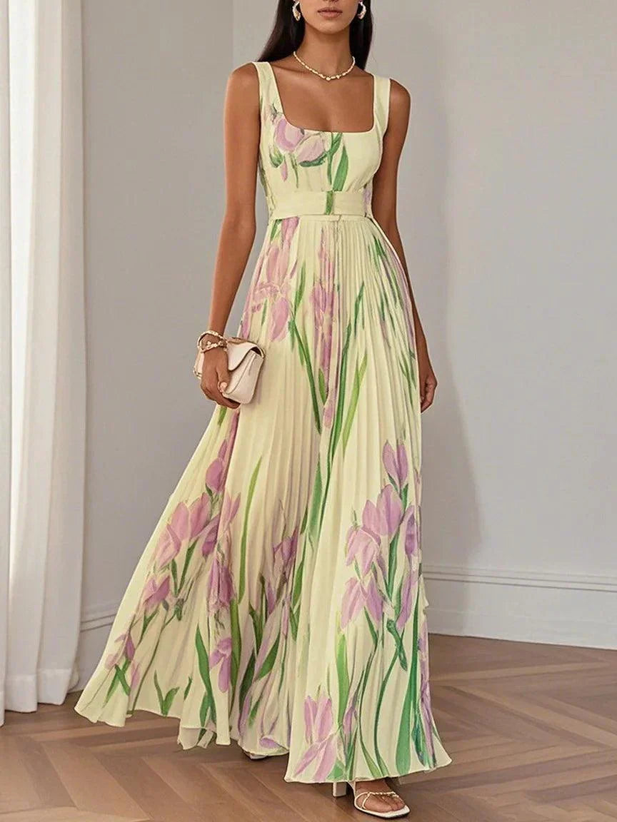 Women's Maxi Dress Square Neck Pleated Floral Gown with Waist Belt