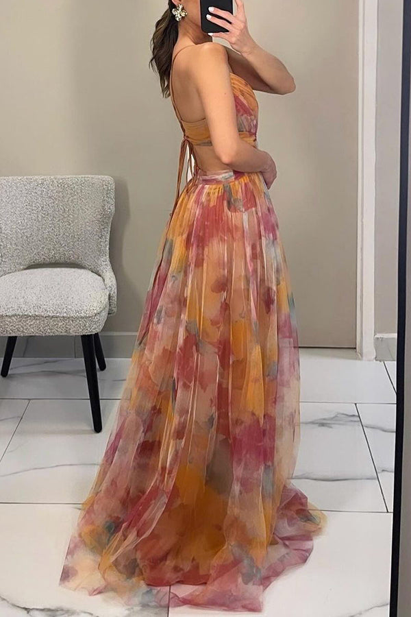 Women's Maxi Dress Watercolor Floral Gown with Tulle Overlay