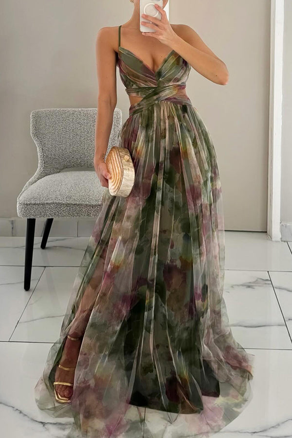 Women's Maxi Dress Watercolor Floral Gown with Tulle Overlay