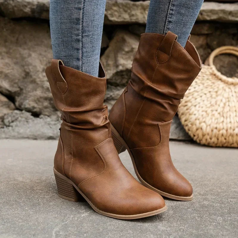 Women's Mid-Calf Boots - Slouchy Shaft Design and Western Block Heel Detail